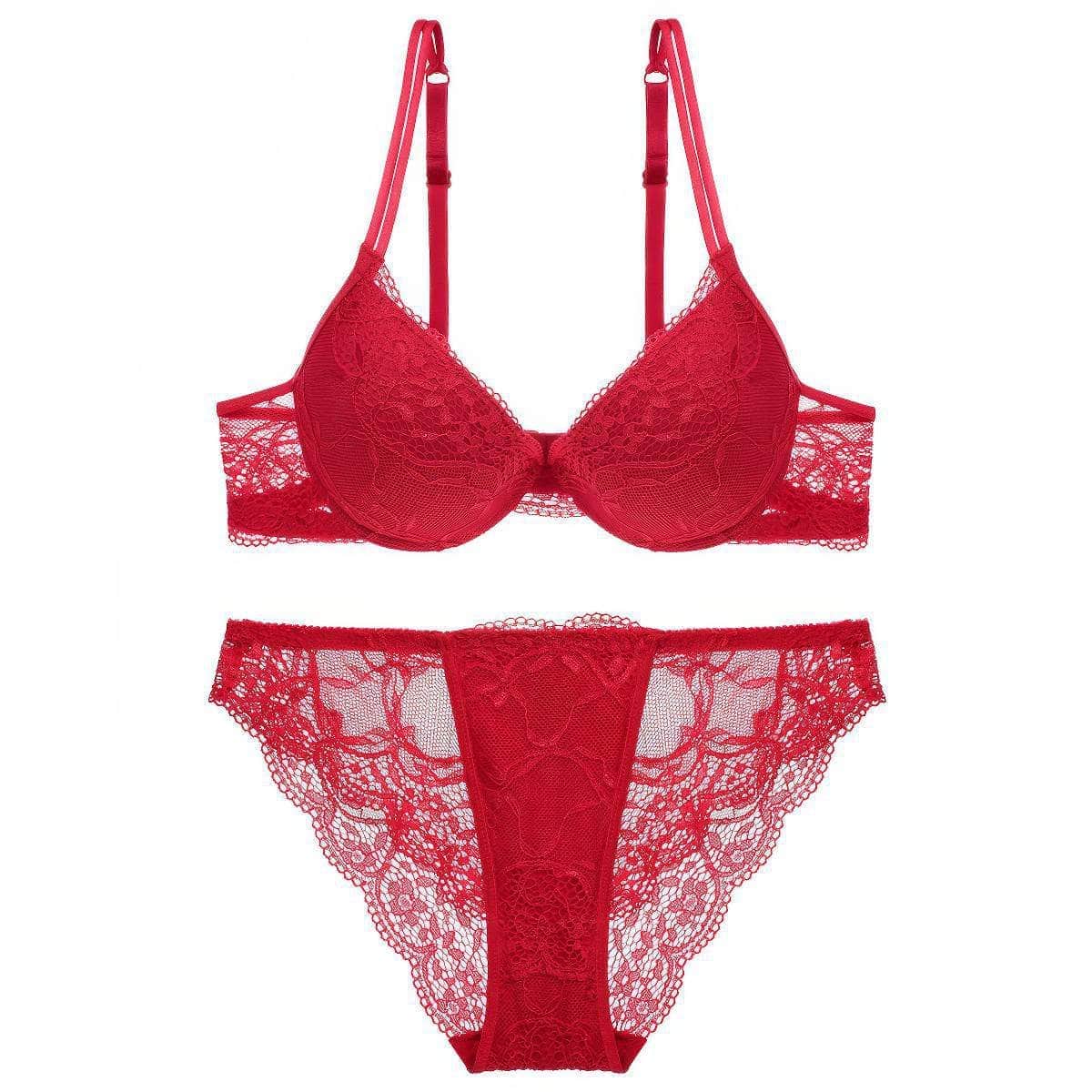 Mesh Scalloped Lace Detailed Double Strap Panty Set 70A / Red