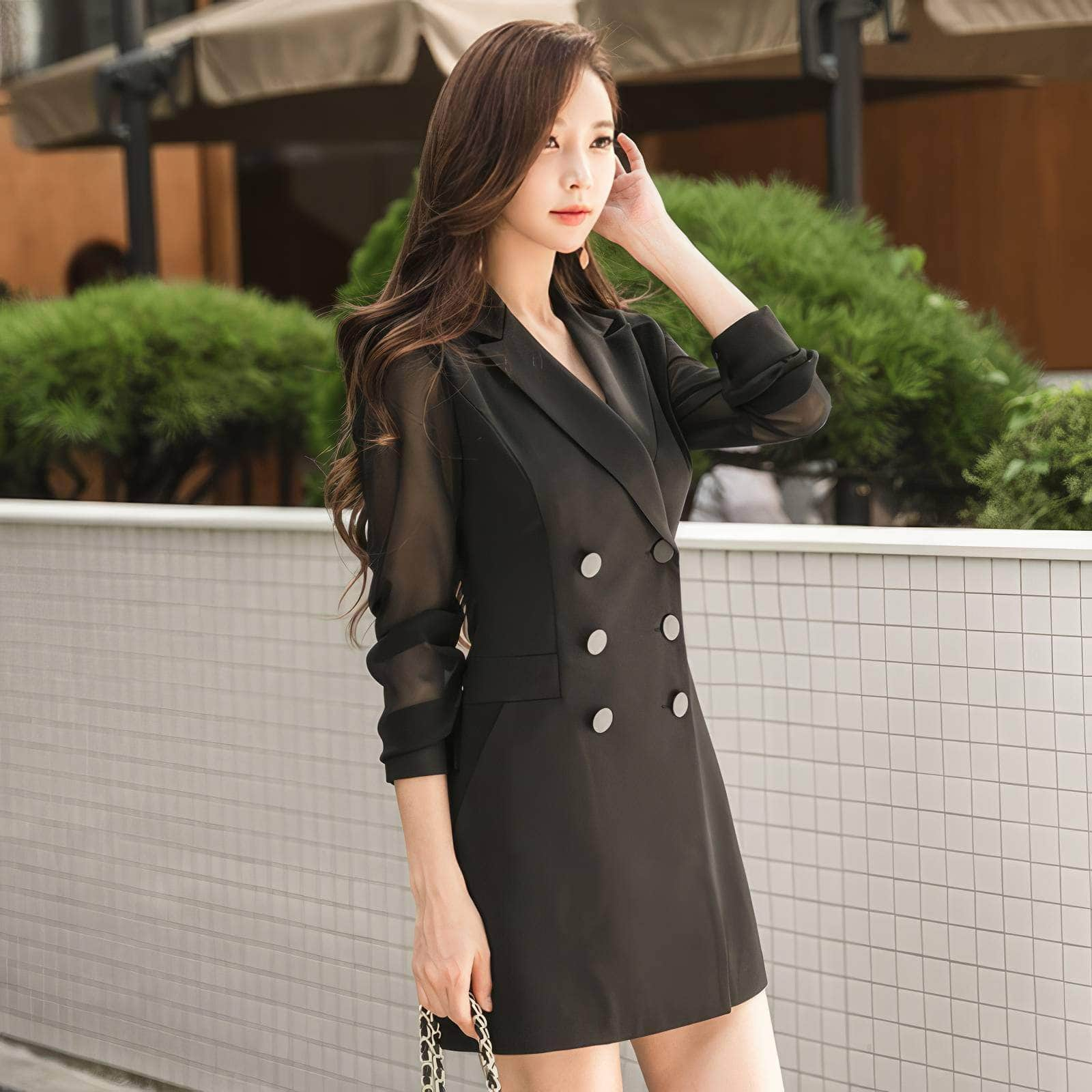 Mesh Sleeves Double Breasted Mini Blazer Dress