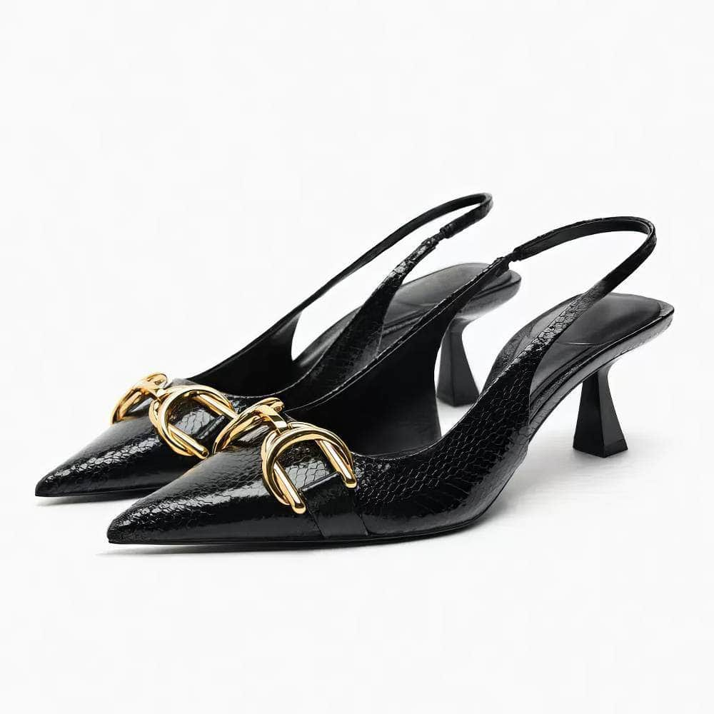 Metal Buckle Decorated Slingback Heels EU 34 / Black / 5CM