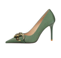 Metal Chain Detailed Embossed Pointy Toe Heels EU 33 / Green / 7.5CM