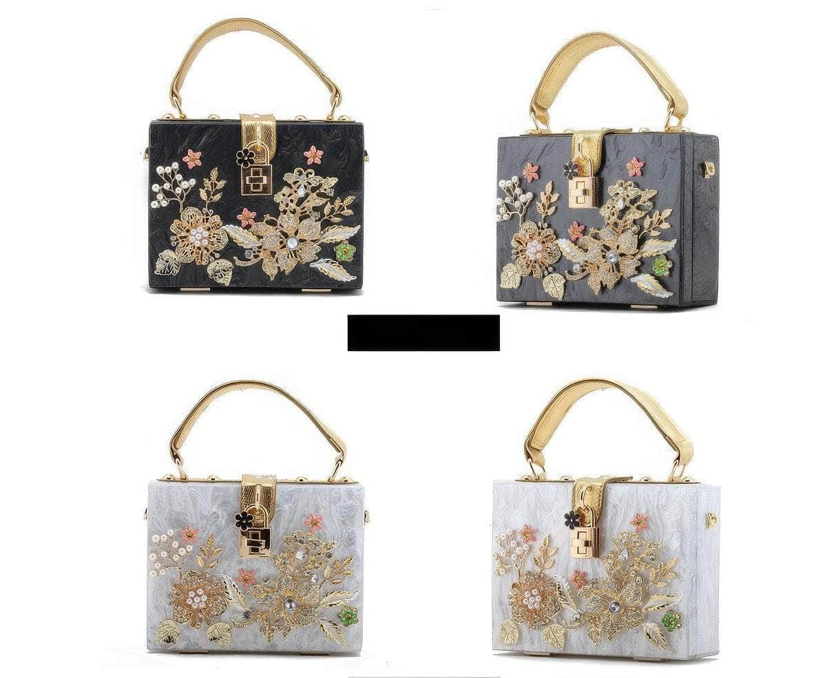 Metal Crystal Floral Rhinestone Deco Top Handle Bag