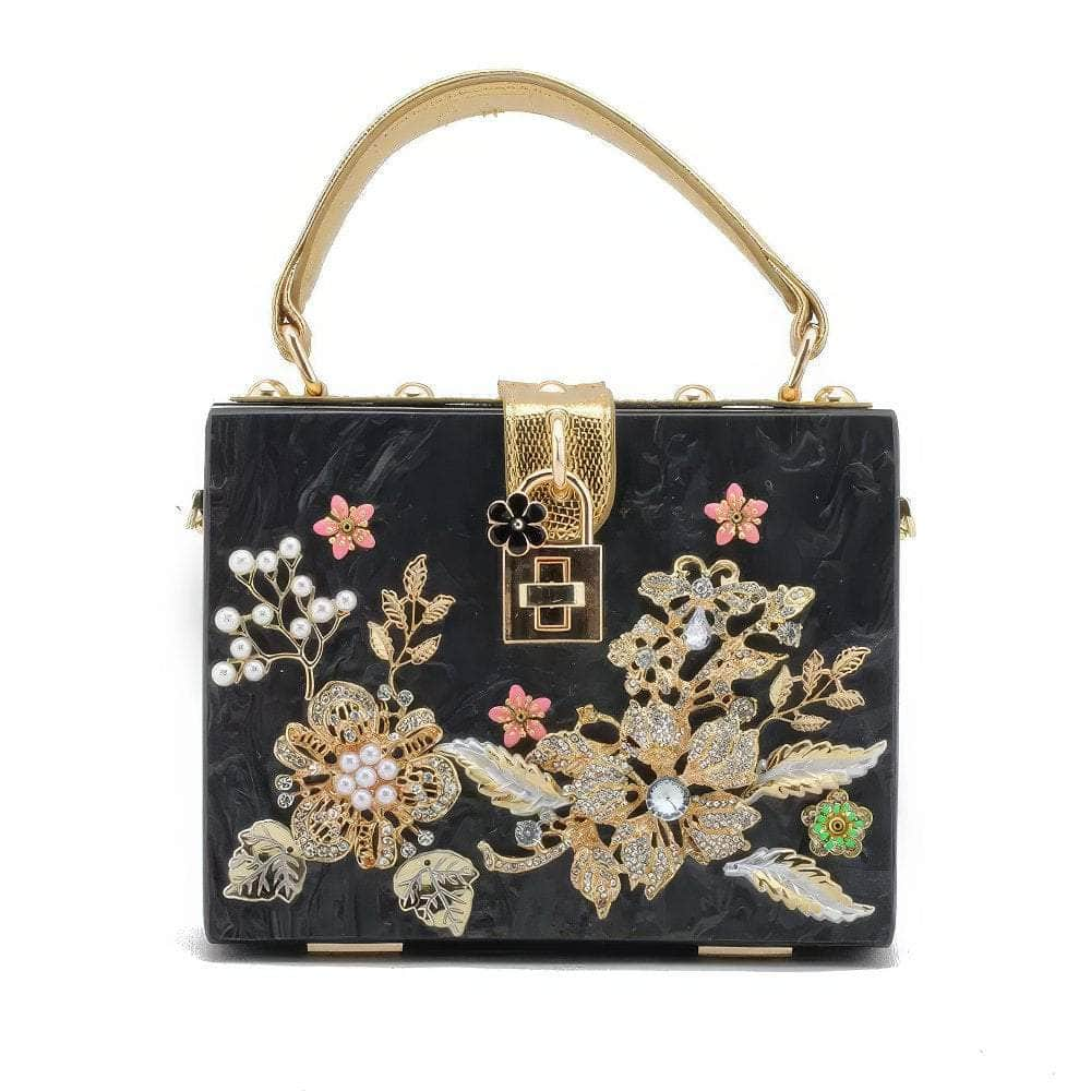 Metal Crystal Floral Rhinestone Deco Top Handle Bag