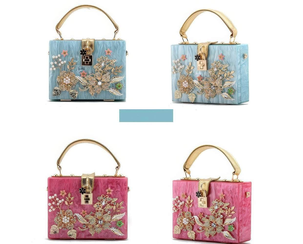 Metal Crystal Floral Rhinestone Deco Top Handle Bag