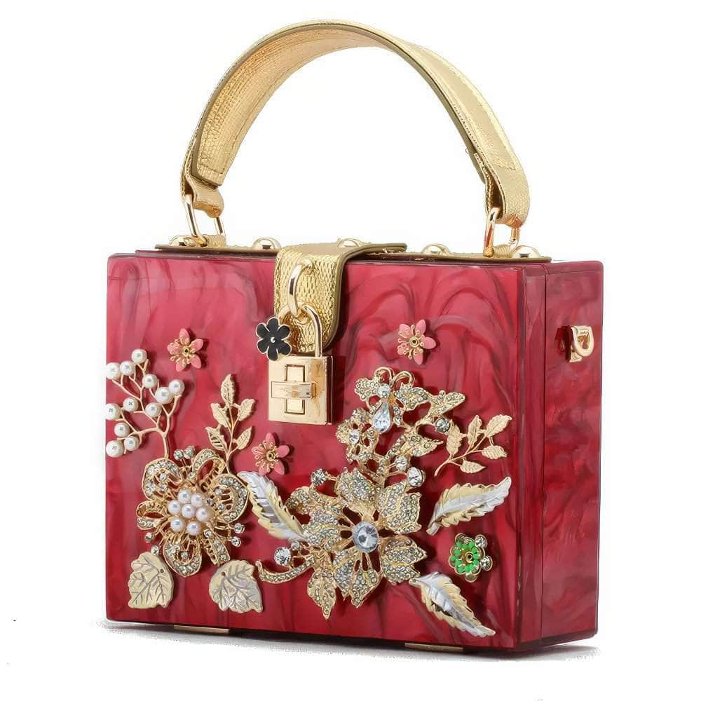 Metal Crystal Floral Rhinestone Deco Top Handle Bag