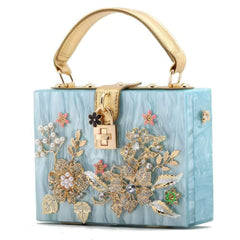 Metal Crystal Floral Rhinestone Deco Top Handle Bag Blue