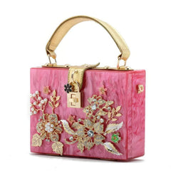 Metal Crystal Floral Rhinestone Deco Top Handle Bag DeepPink