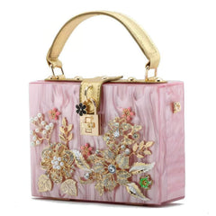 Metal Crystal Floral Rhinestone Deco Top Handle Bag Pink