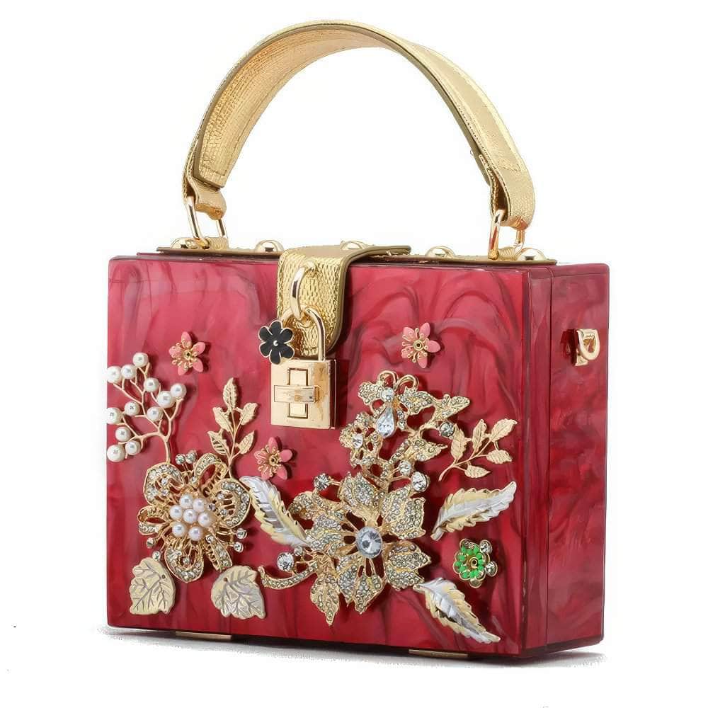 Metal Crystal Floral Rhinestone Deco Top Handle Bag Red