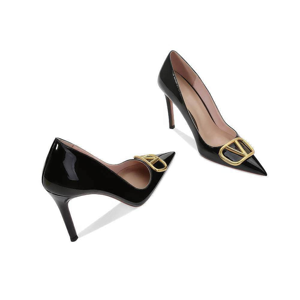 Metal Deco Pointy Toes Patent Leather Stiletto Heels