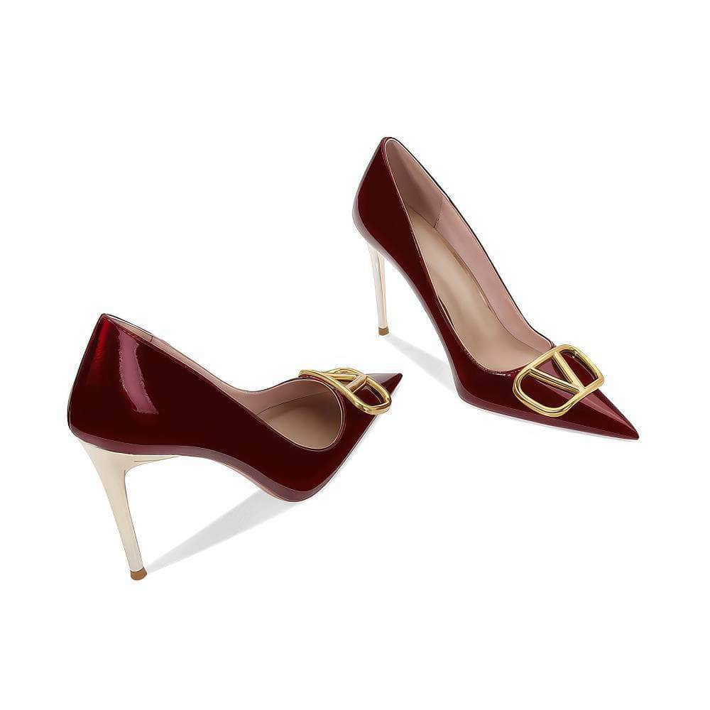 Metal Deco Pointy Toes Patent Leather Stiletto Heels