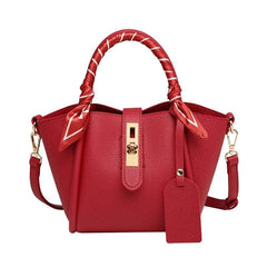 Metal Lock Tote Bag with Stylish Scarf Embellishment Red