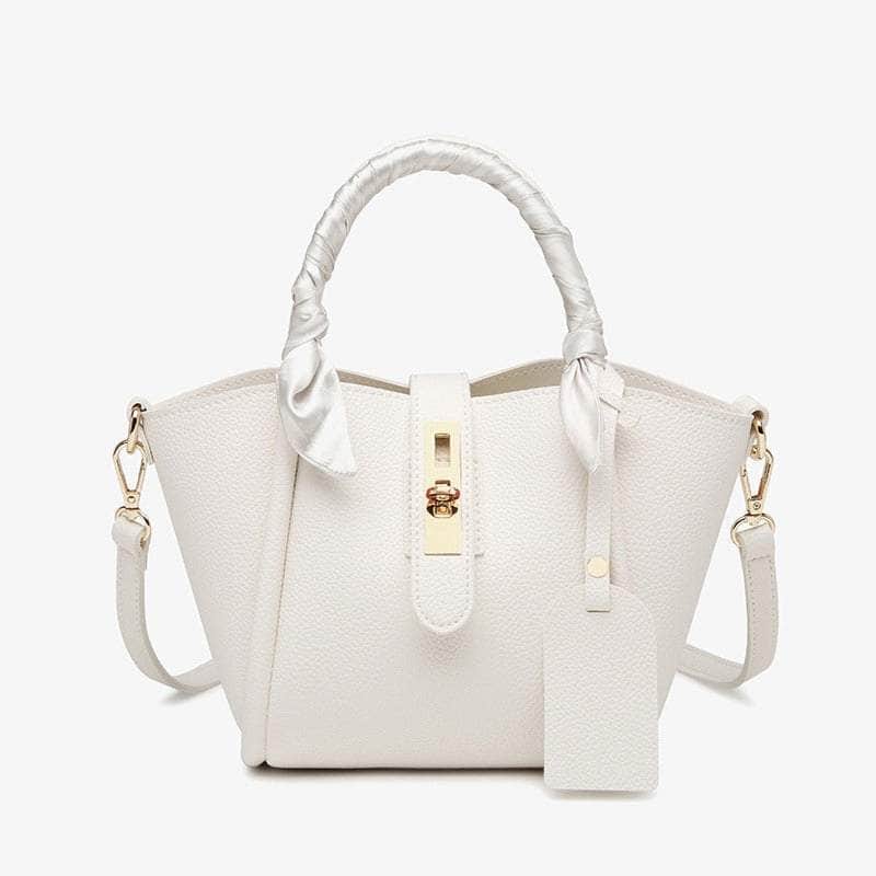 Metal Lock Tote Bag with Stylish Scarf Embellishment White