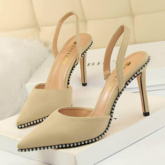 Metallic Ball Embellished Pointed Toe Open Back Heels