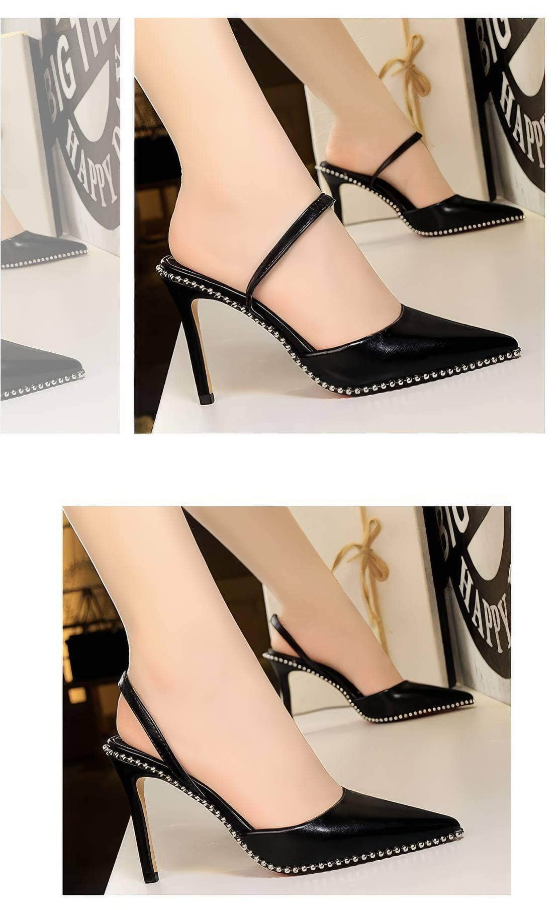 Metallic Ball Embellished Pointed Toe Open Back Heels