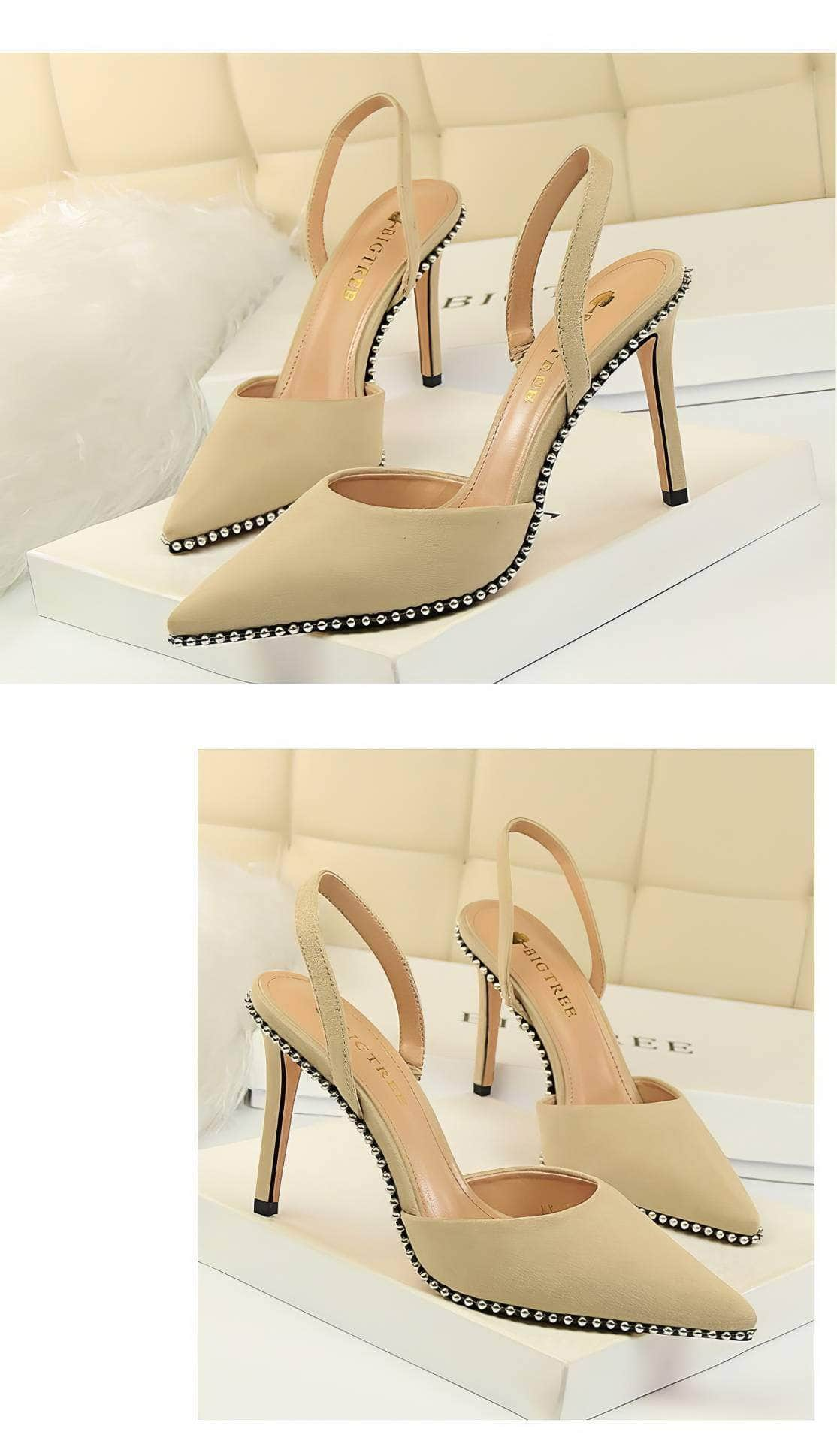 Metallic Ball Embellished Pointed Toe Open Back Heels