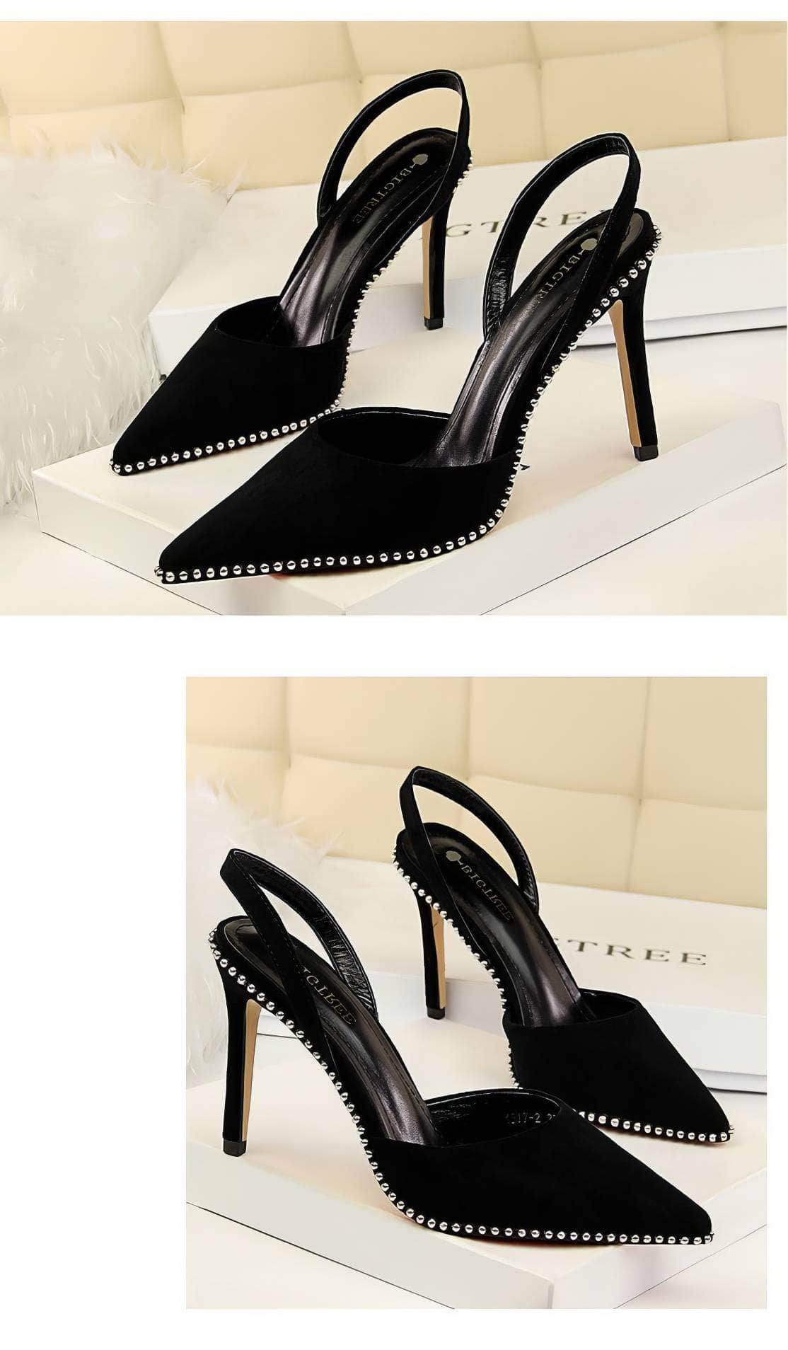 Metallic Ball Embellished Pointed Toe Open Back Heels