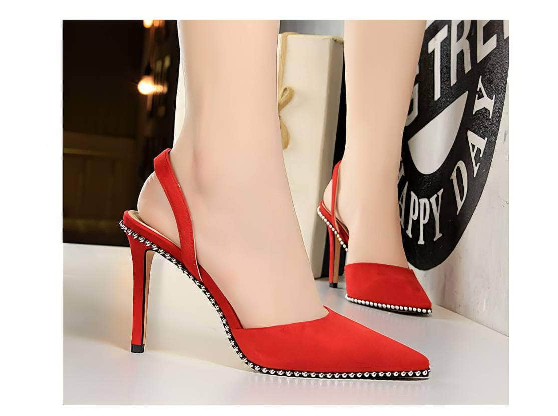 Metallic Ball Embellished Pointed Toe Open Back Heels