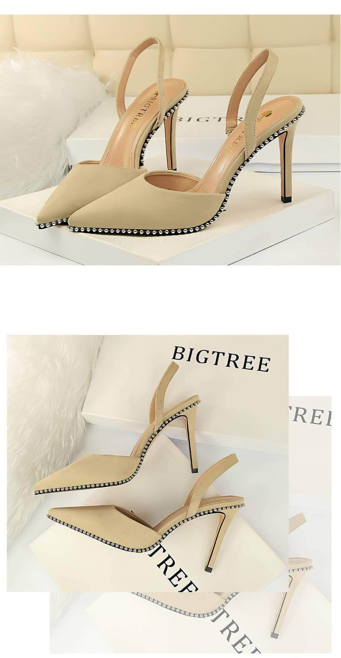 Metallic Ball Embellished Pointed Toe Open Back Heels