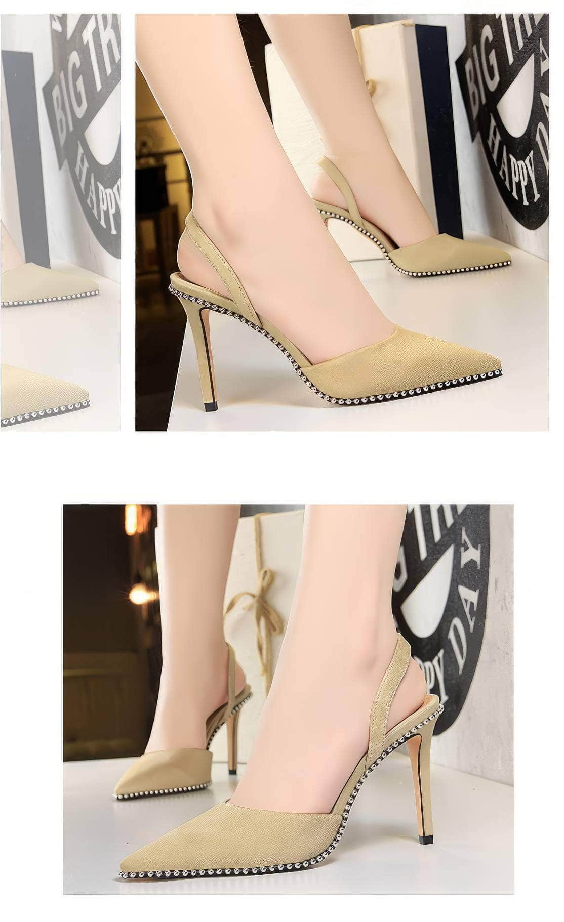 Metallic Ball Embellished Pointed Toe Open Back Heels