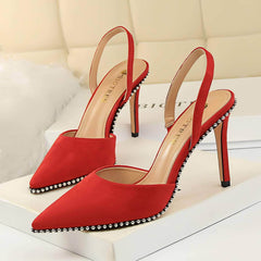 Metallic Ball Embellished Pointed Toe Open Back Heels EU 33 / Red / 9CM