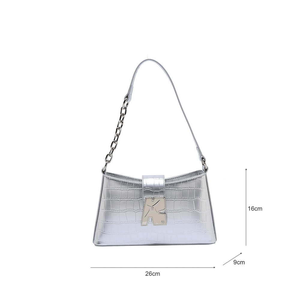 Metallic Croc Embossed Chain Accented Handbag