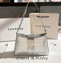 Metallic Croc Embossed Chain Accented Handbag Silver