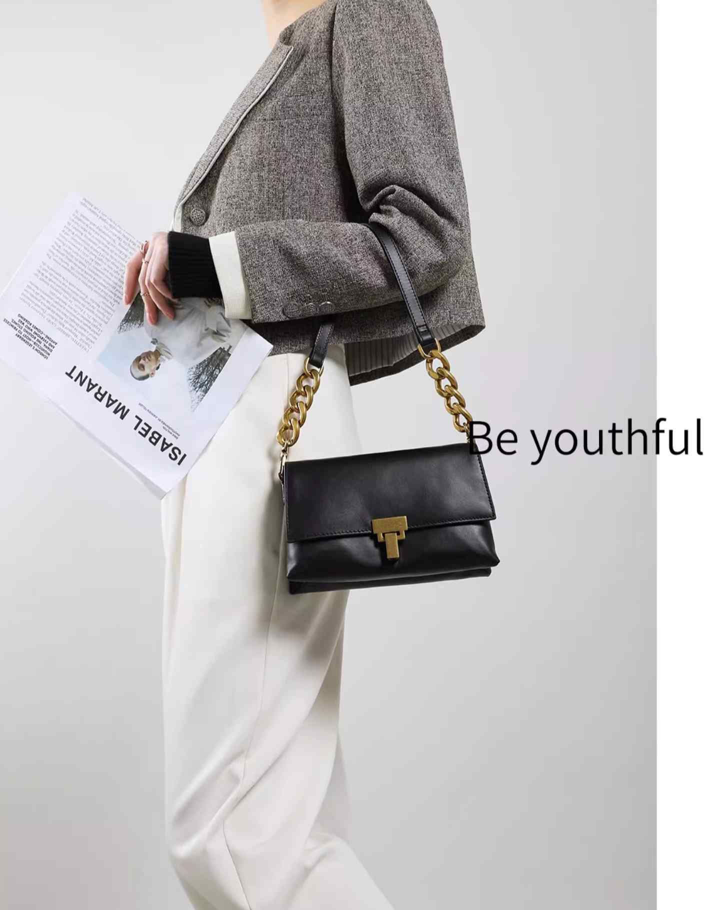 Metallic Embellished Leather Chain Shoulder Bag