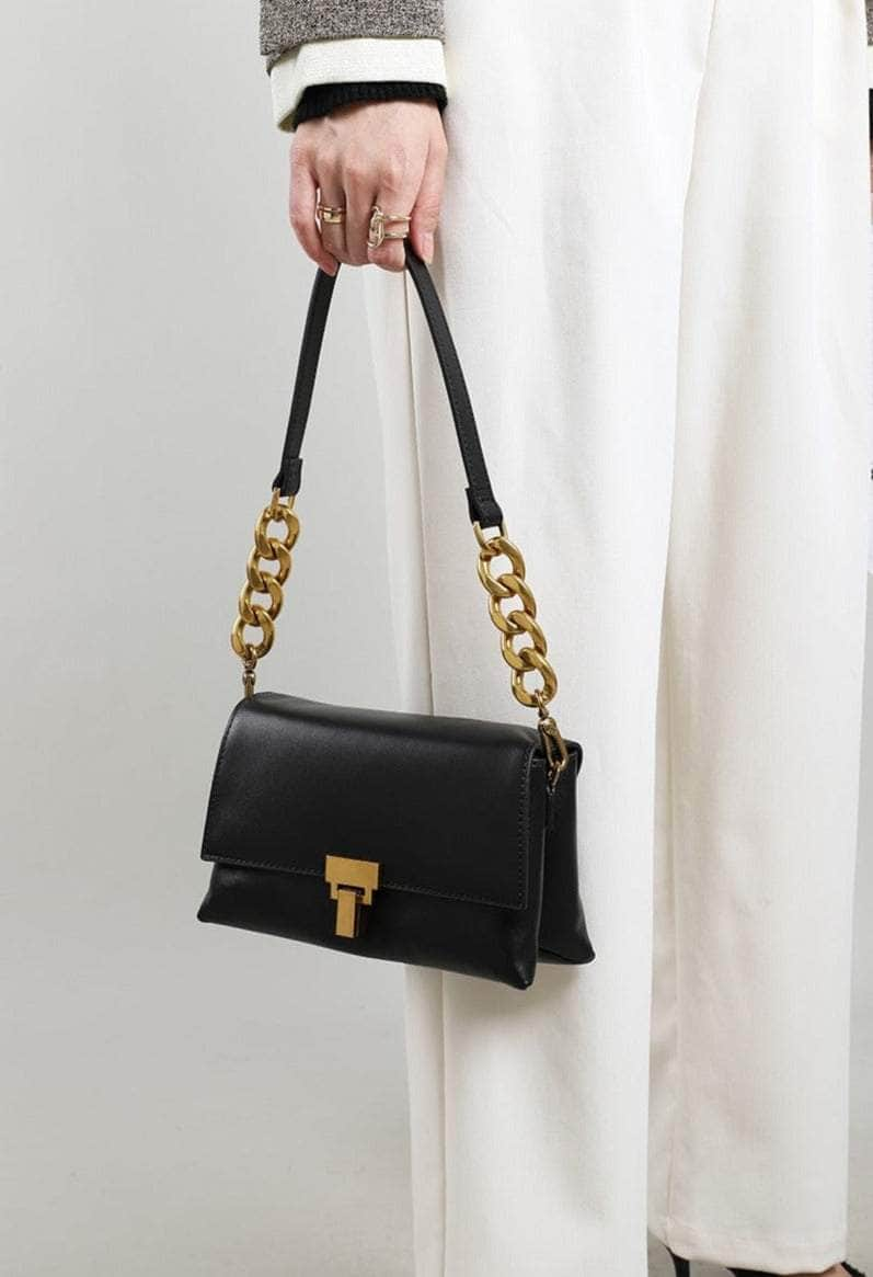 Metallic Embellished Leather Chain Shoulder Bag