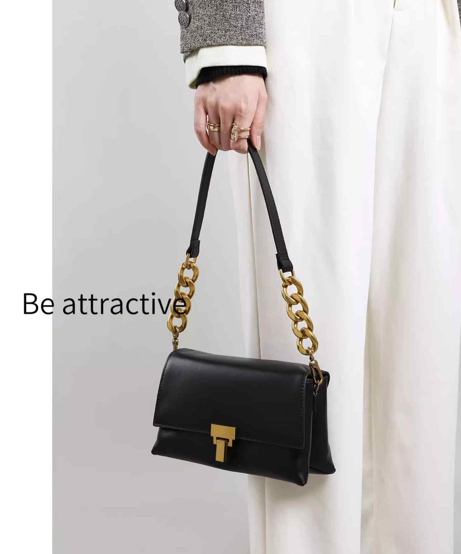 Metallic Embellished Leather Chain Shoulder Bag