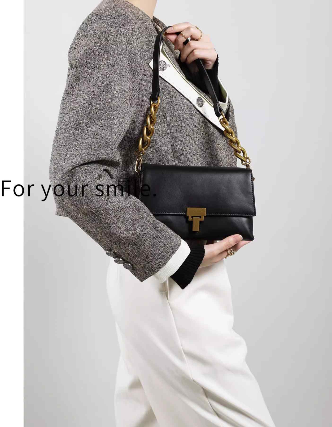 Metallic Embellished Leather Chain Shoulder Bag