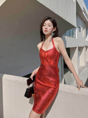 Metallic Halter Bandage Dress M / Red