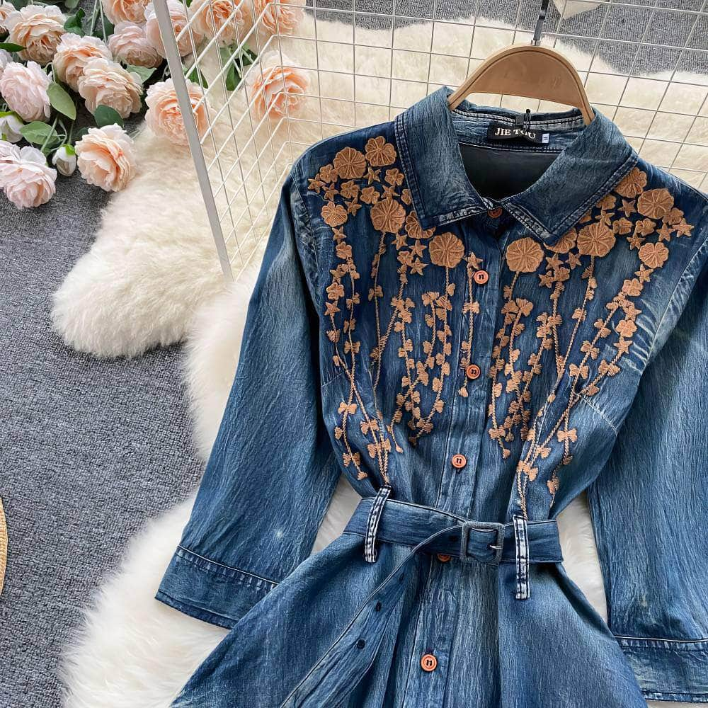 Mid Sleeves Floral Embroidered Denim Dress