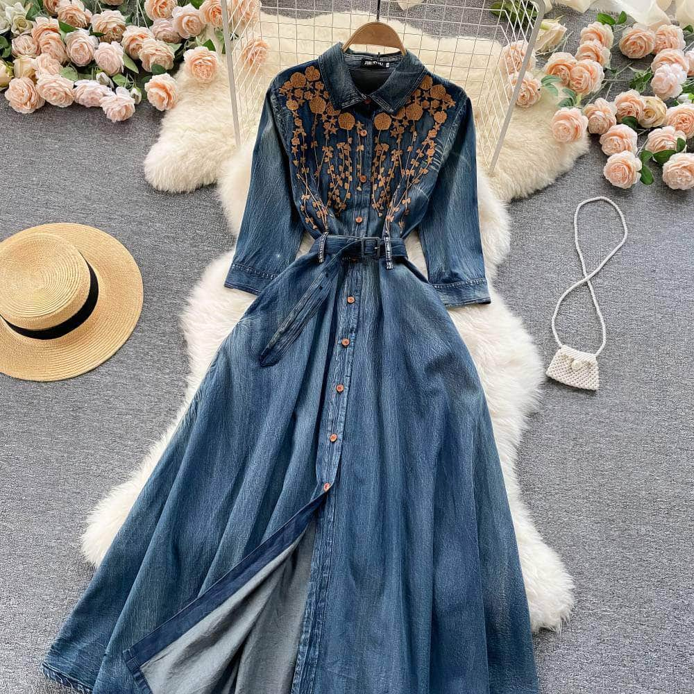 Mid Sleeves Floral Embroidered Denim Dress