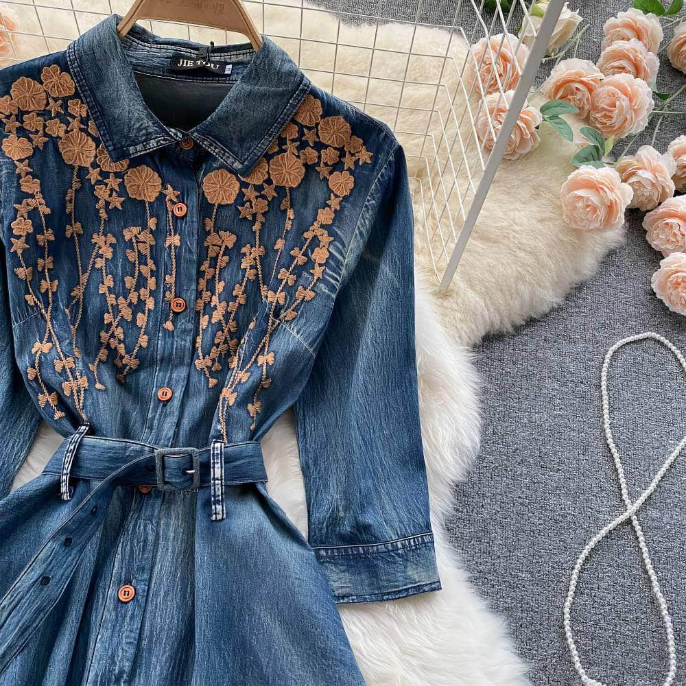 Mid Sleeves Floral Embroidered Denim Dress