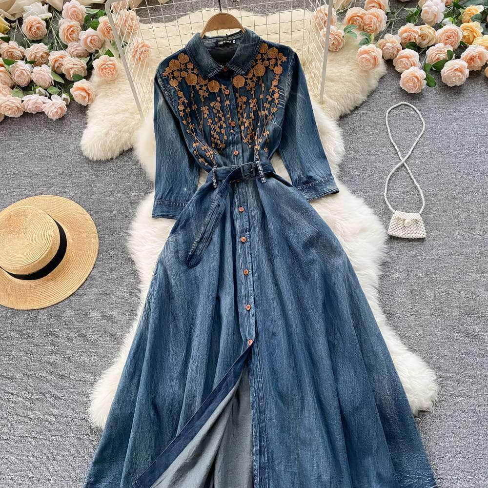 Mid Sleeves Floral Embroidered Denim Dress