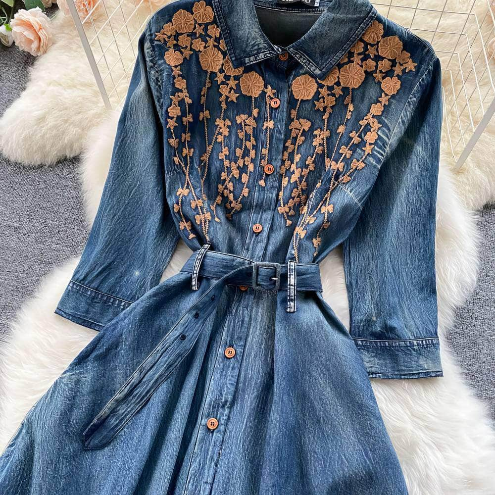 Mid Sleeves Floral Embroidered Denim Dress