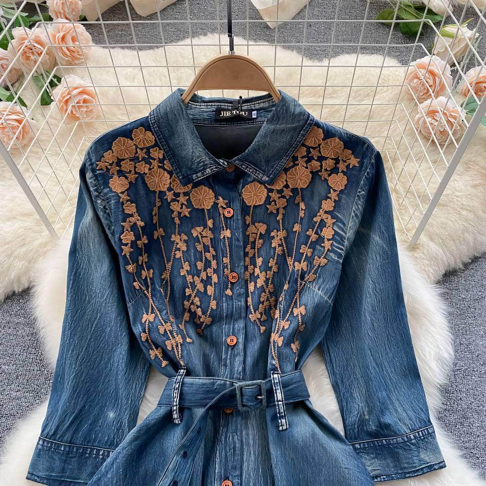 Mid Sleeves Floral Embroidered Denim Dress