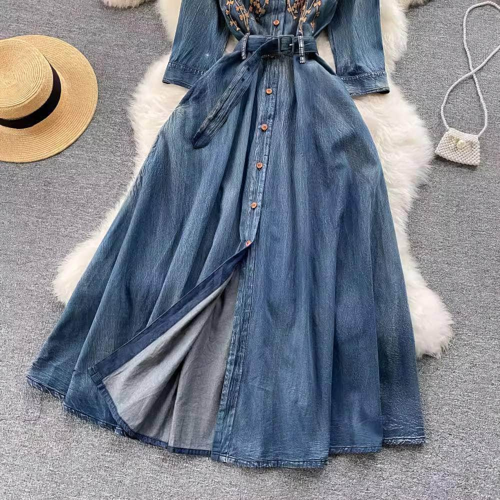 Mid Sleeves Floral Embroidered Denim Dress