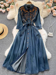 Mid Sleeves Floral Embroidered Denim Dress M / Blue