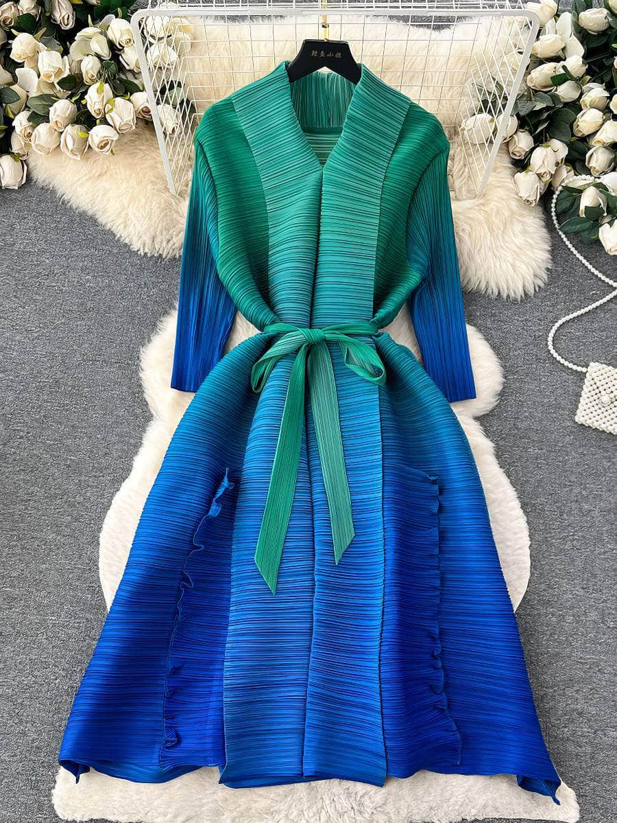 Mid Sleeves Pleated Ombre Waist Sash Dress MAX SIZE / Blue