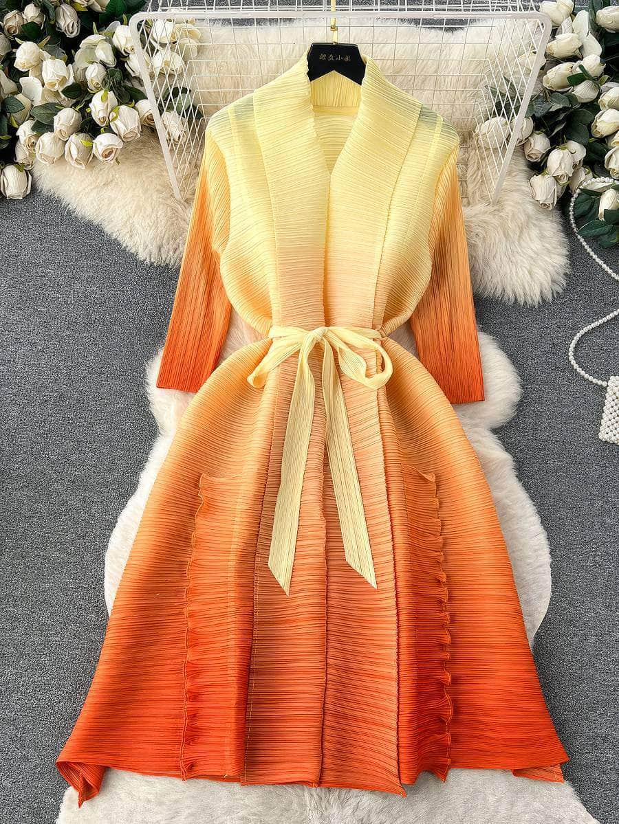 Mid Sleeves Pleated Ombre Waist Sash Dress MAX SIZE / Orange