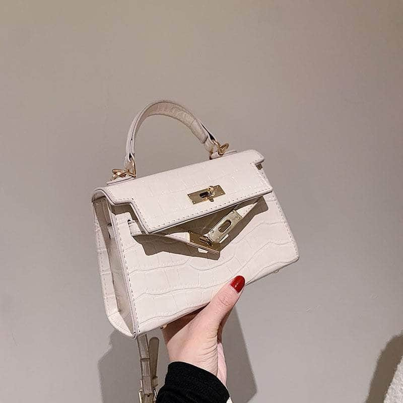 Minimalist Crocodile-Textured Faux Leather Crossbody Handbag White