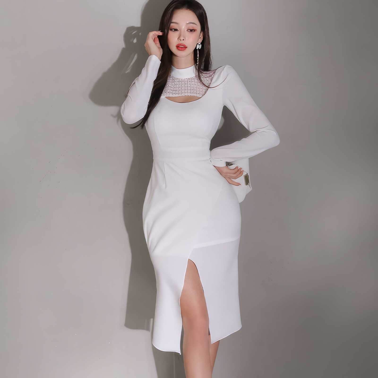 Mock Neck Cut-Out Front Mesh High Slit Dress