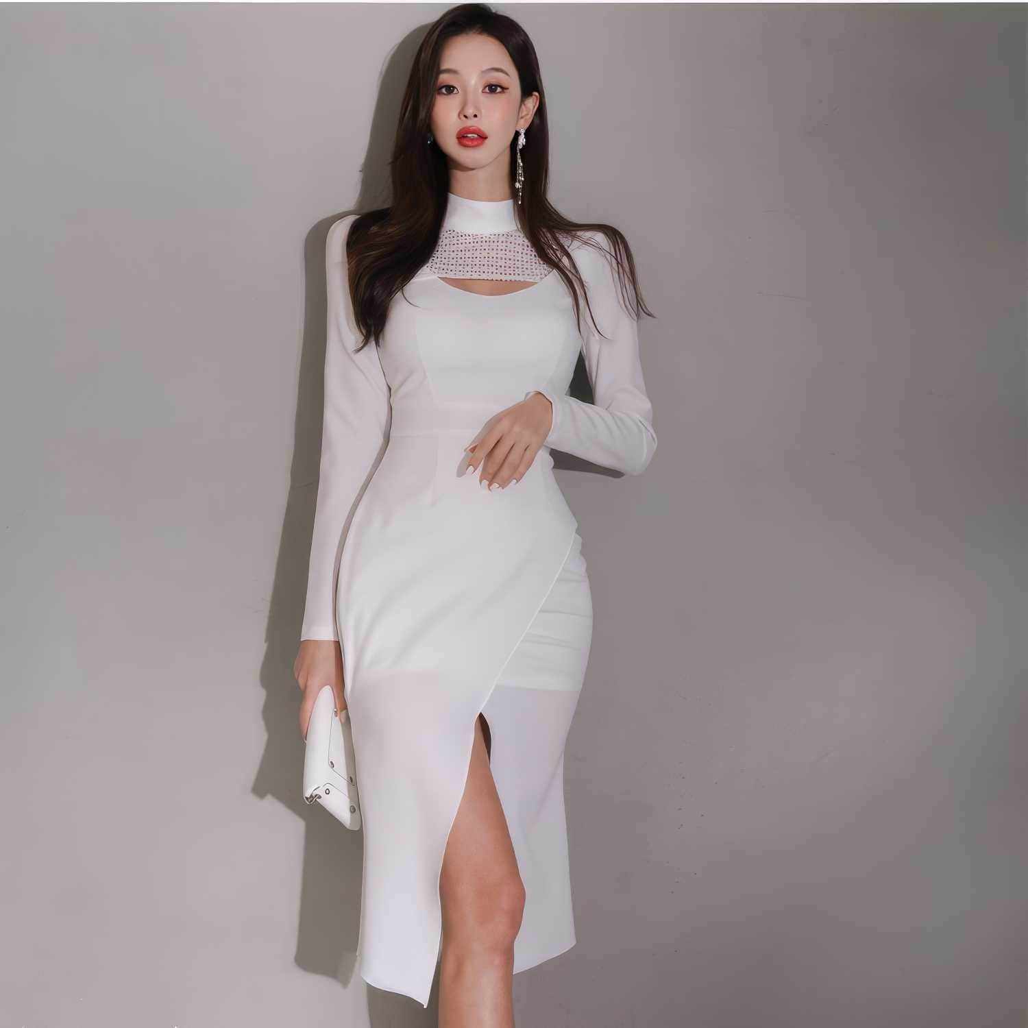 Mock Neck Cut-Out Front Mesh High Slit Dress