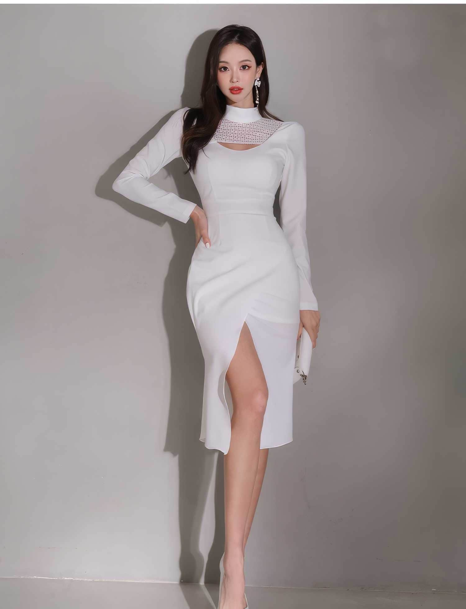 Mock Neck Cut-Out Front Mesh High Slit Dress