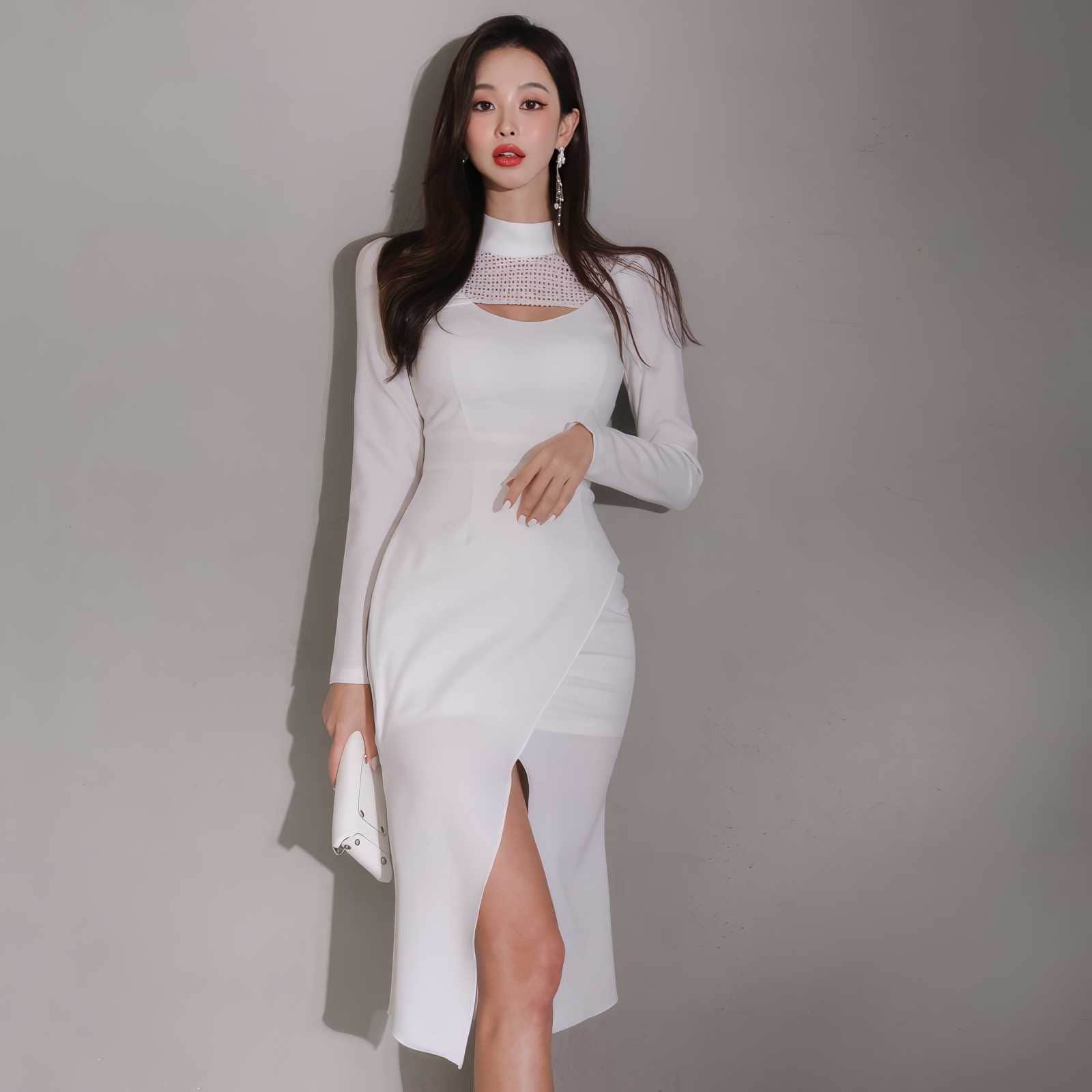 Mock Neck Cut-Out Front Mesh High Slit Dress