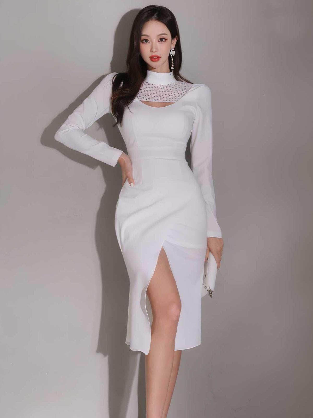 Mock Neck Cut-Out Front Mesh High Slit Dress S / White