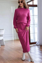 Mock Neck Dropped Shoulder Top and Skirt Set Hot Pink / S