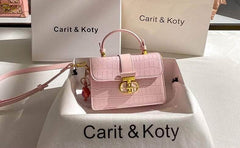 Modern Croc Grain Metal Lock Satchel Handbag Pink