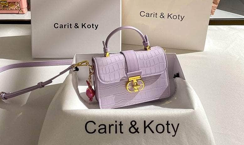 Modern Croc Grain Metal Lock Satchel Handbag Purple